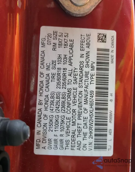 2020 Honda Cr-V Ex из США, поврежденный, VIN 2HKRW2H5XLH657459